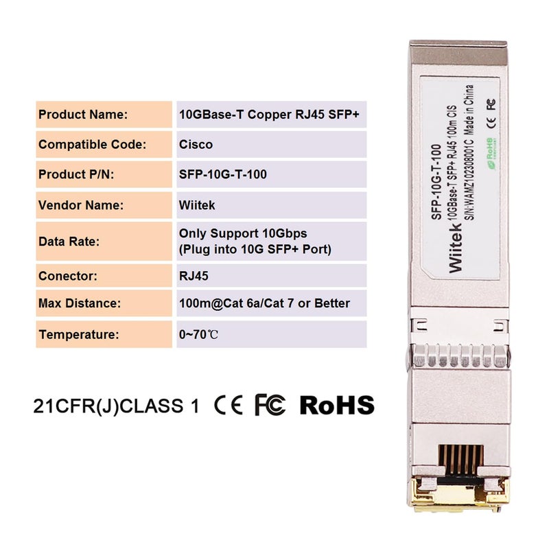 Wiitek 100 Meters, 10Gbps SFP+ to RJ45 Modules, 2.5G/5G/10GBase-T Copper RJ45 to SFP+ Transceiver, Compatible for Cisco SFP-10G-T-X, Ubiquiti, Netgear, Mikrotik, Low Power Consumption - Image 3